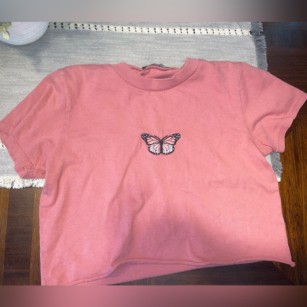 Brandy Melville Pink Butterfly Graphic Crop T Shirt Womens Small